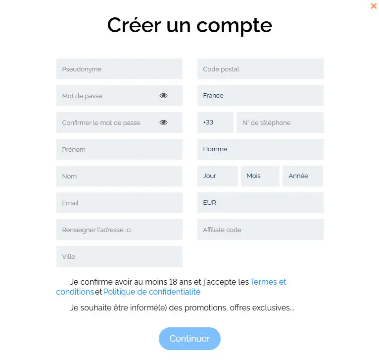 Processus d'inscription CASINOSTARS